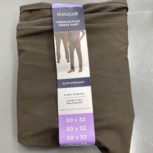 NEW Haggar Men's 30x32 Premium Flex Slim-Straight Dress Pants Brown - Picture 2 of 8